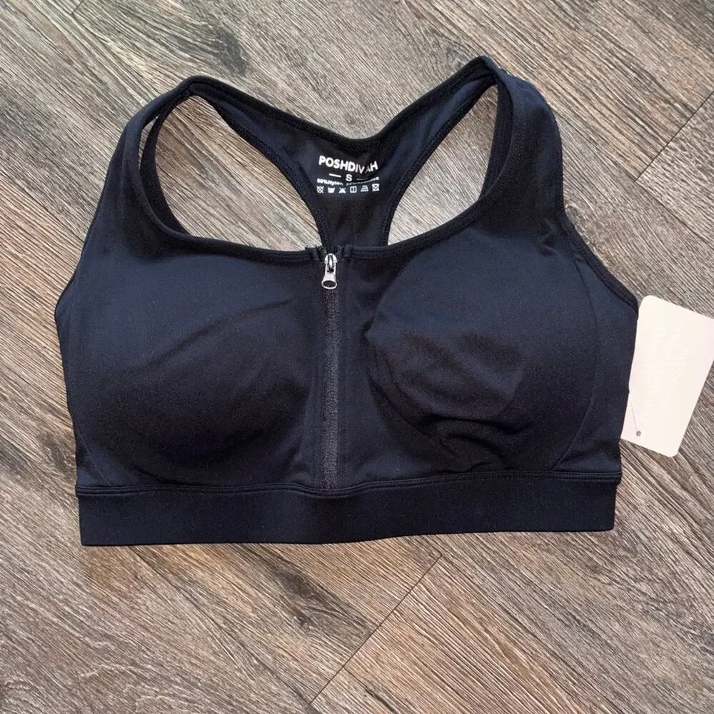 Poshdivah new size small Black Front zip Sports Bra